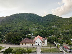 Boljoon Church with Cebu's mountain range in the background.