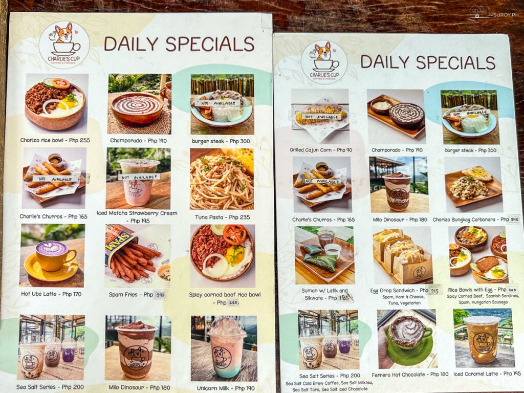 The menu at Charlie’s Cup, featuring a variety of delicious options that cater to every taste bud.