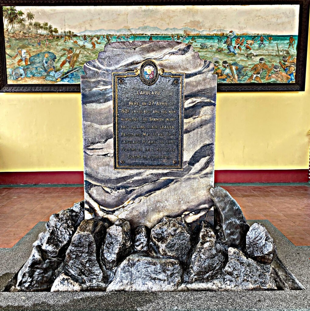 The marker in Mactan Shrine writes - "Here on 27 April 1521. Lapu-Lapu and his men repulsed the Spanish invaders killing their leader Ferdinand Magellan. This Lapu-Lapu became the first Filipino to have repelled European aggression."