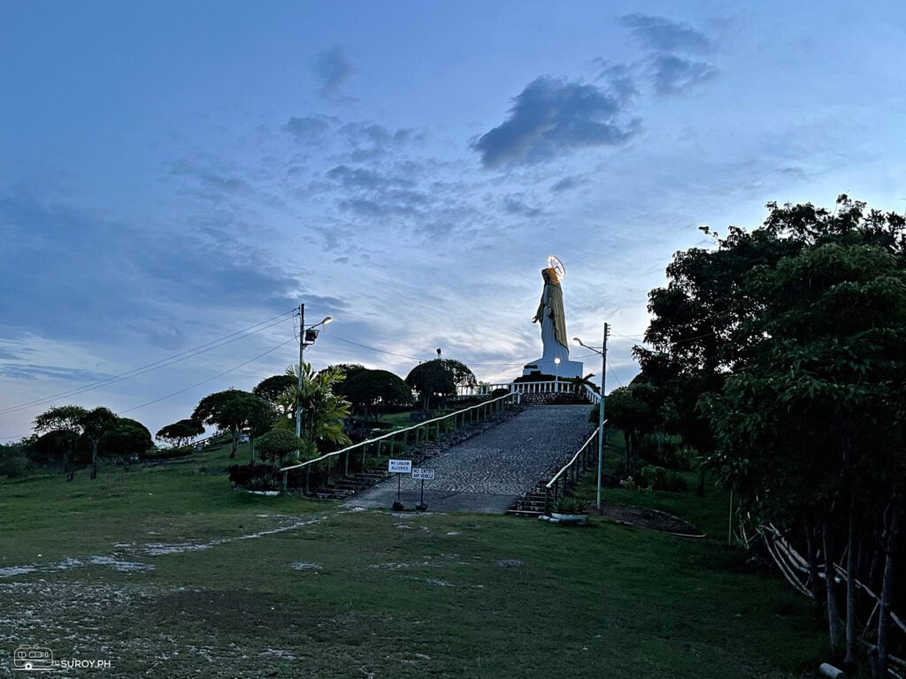 The halo of the Blessed Virgin Mary lights up at night.