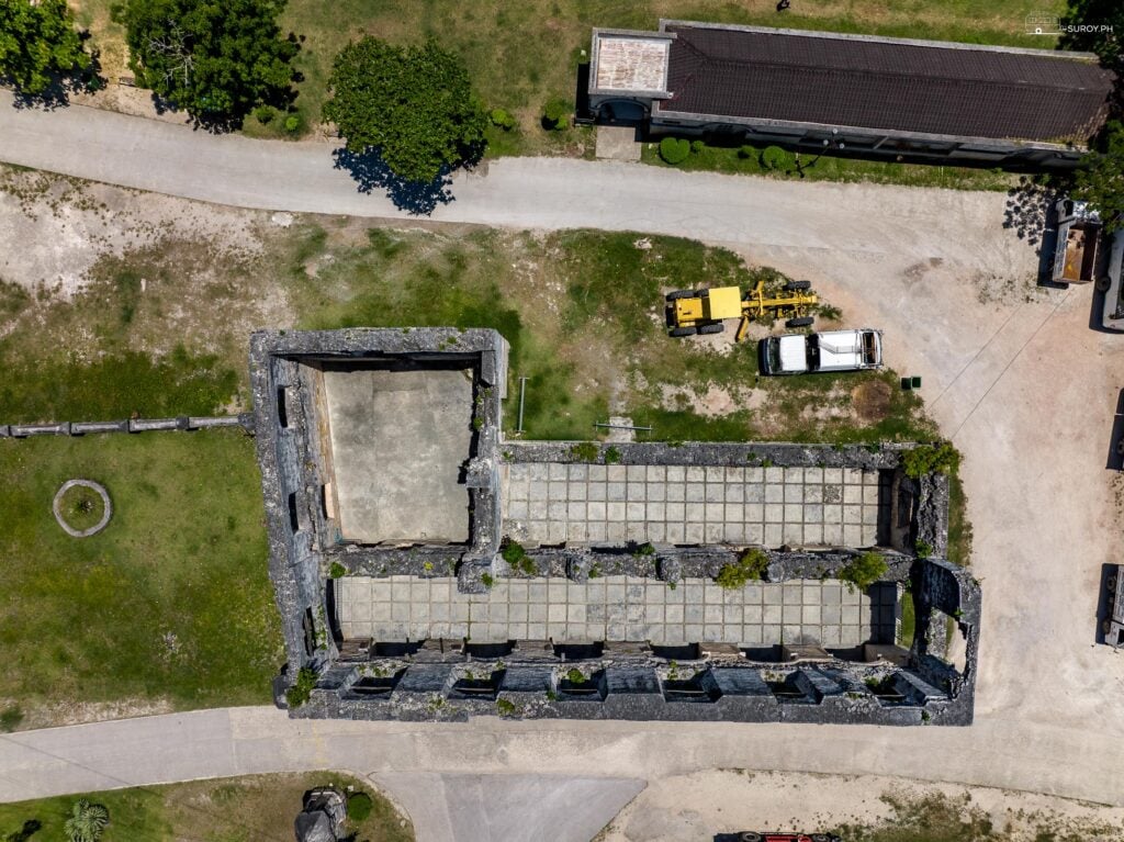 The thick coral stones of Cuartel Ruins as seen from above. 