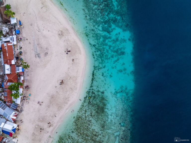 The Moalboal coast north of Panagsama seen from directly above, resort roofs and a pale sand strip, then a band of turquoise reef flat that ends in a hard line where the water turns deep navy.
