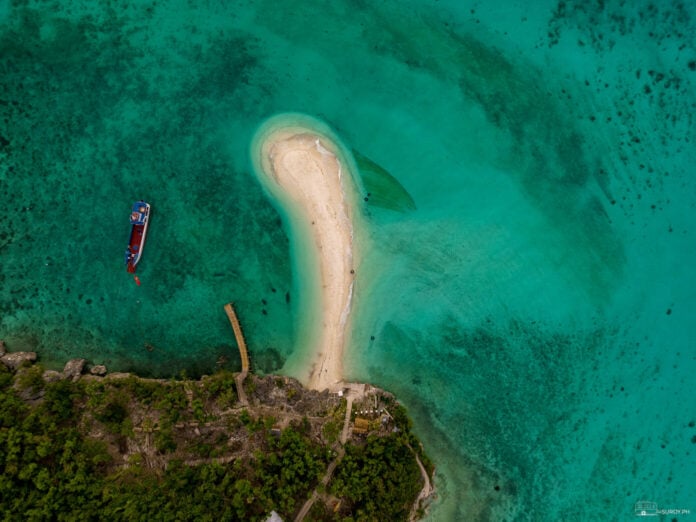 A bird's eye aerial view of the sandbar at Sumilon Island in Oslob, Cebu.