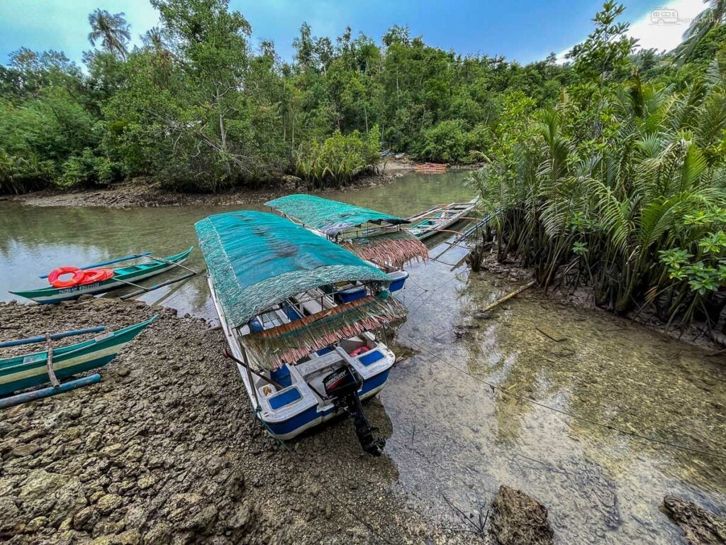 Traditional bancas (outrigger boats) lined up and ready for a river cruise.
