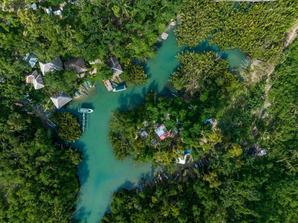 Another aerial shot showcasing the intricate waterways and the vibrant green landscape of Bojo River.