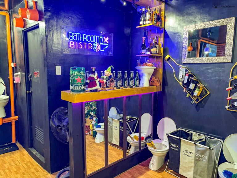A unique and quirky bar setup at Bathroom Bistro in Naga, featuring bathroom-themed decor.