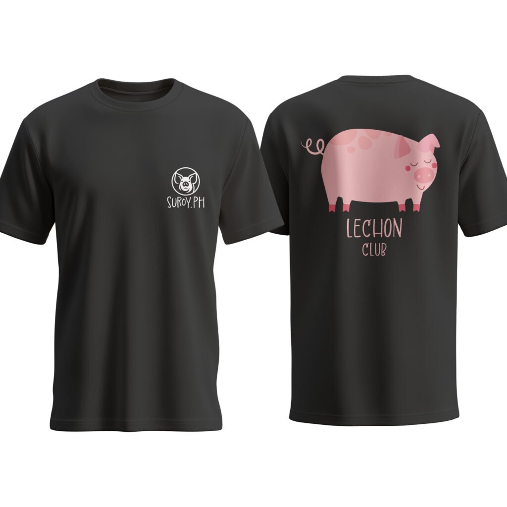 Black Suroy Wear Lechon Club shirt featuring a pink lechon design on the back and the Suroy.PH pig seal on the front