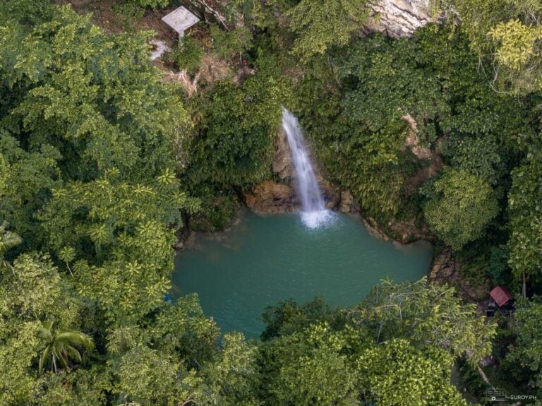 Mantayupan Falls in Barili seen from above, a single white drop falling into a round green pool ringed by dense forest.