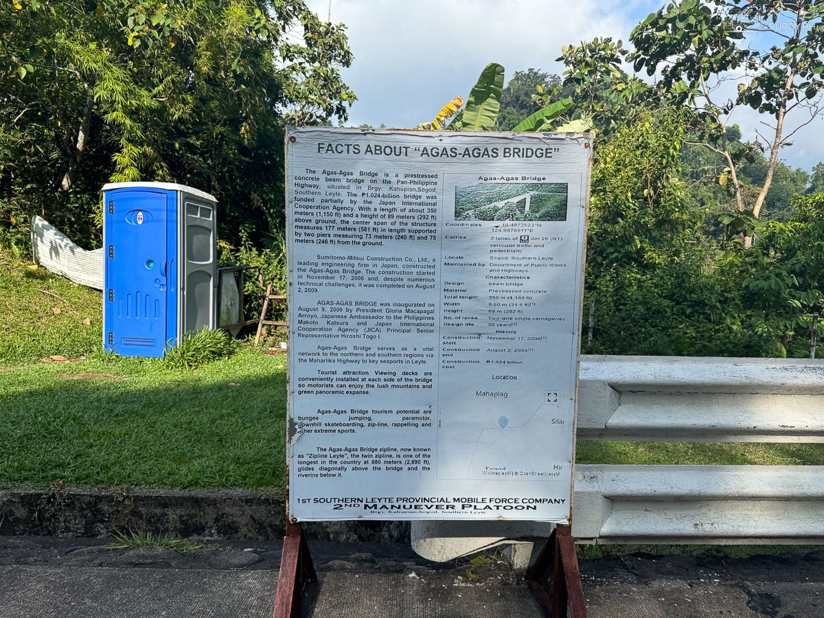 The DPWH information marker at the Agas-Agas Bridge, listing the 350 meter length, the 89 meter height and the 2006 to 2009 construction dates.