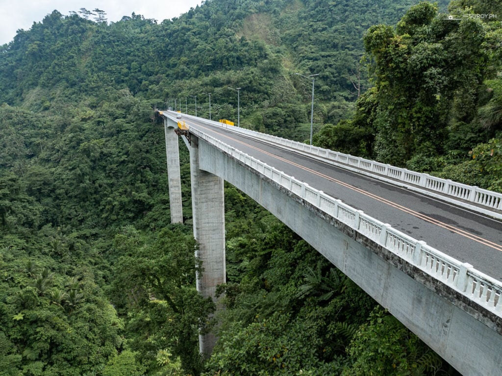 Marvel at the sheer height of the Agas-Agas Bridge, standing strong amidst the lush green valleys of Southern Leyte.