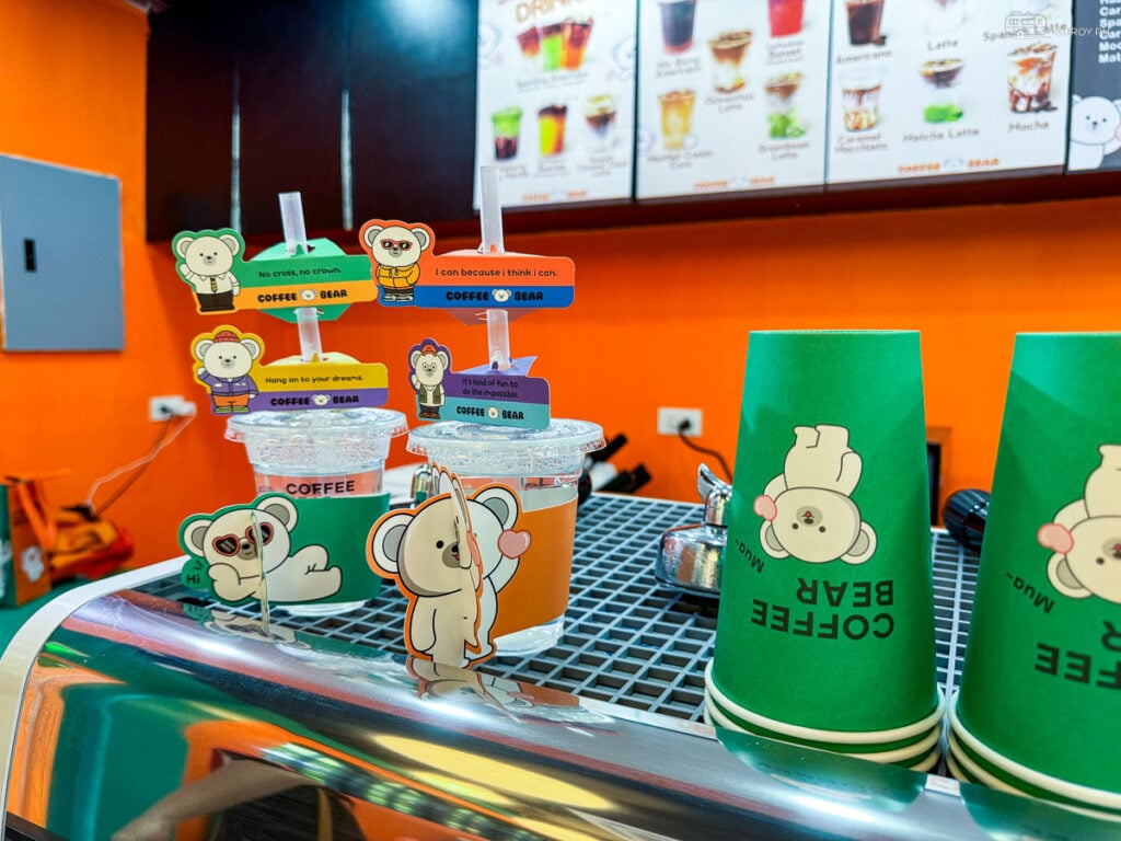 An array of Coffee Bear’s signature drinks showcases their playful and charming presentation style.
