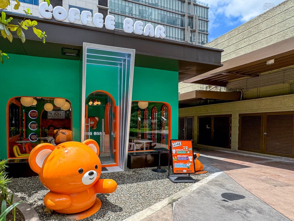 The vibrant exterior of Coffee Bear in IT Park, Cebu City, features a cheerful orange bear mascot that welcomes visitors.