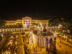 A breathtaking view of the City of Talisay Plaza illuminated with festive lights, capturing the magic of the holiday season.