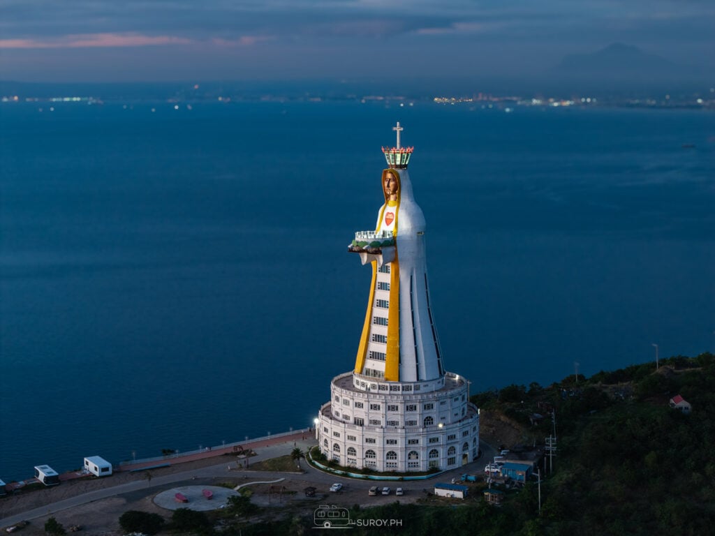 The Virgin Mary statue at Montemaria Shrine glows against the evening sky—symbolizing hope, faith, and blessings for all who visit.