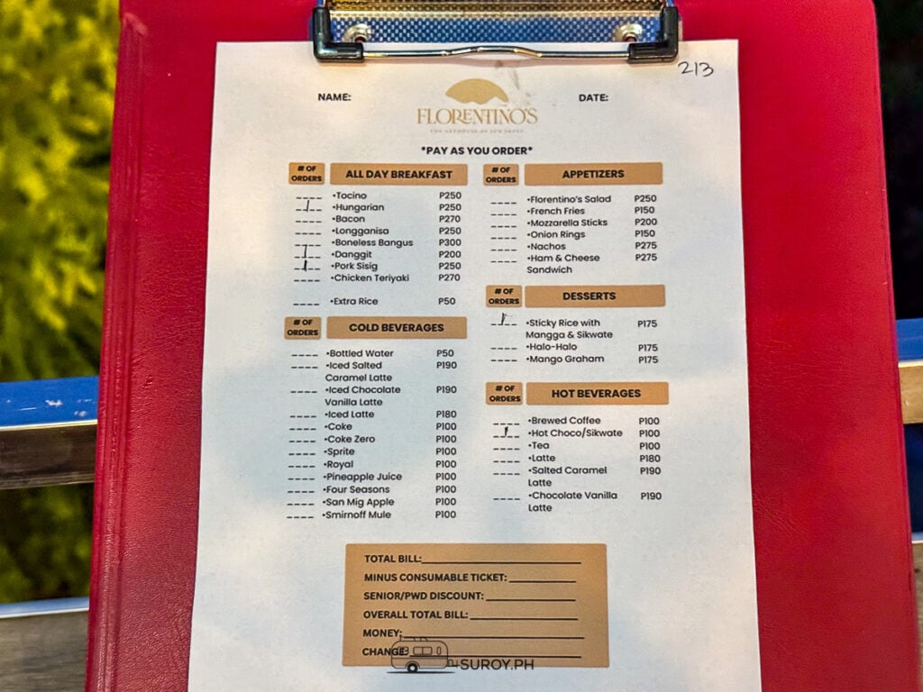 The menu at Floretino's The Arthouse of Jun Impas in Busay.