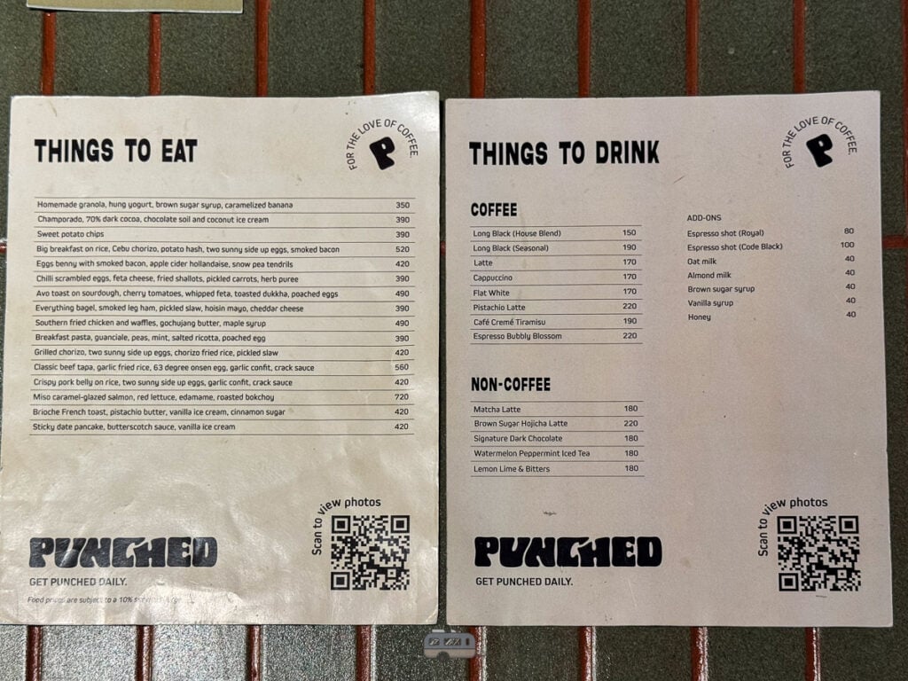 The full food and drink menu at Punched Coffee Cebu featuring coffee, non-coffee drinks, and all-day brunch.