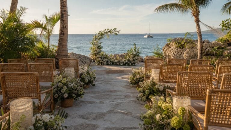 Outdoor destination wedding ceremony setup beside a tropical coast
