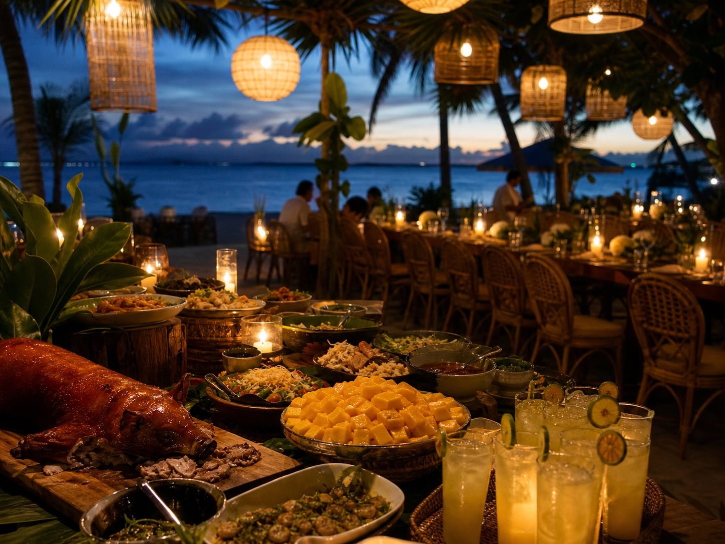 Cebuano food and tropical drinks at a coastal wedding reception
