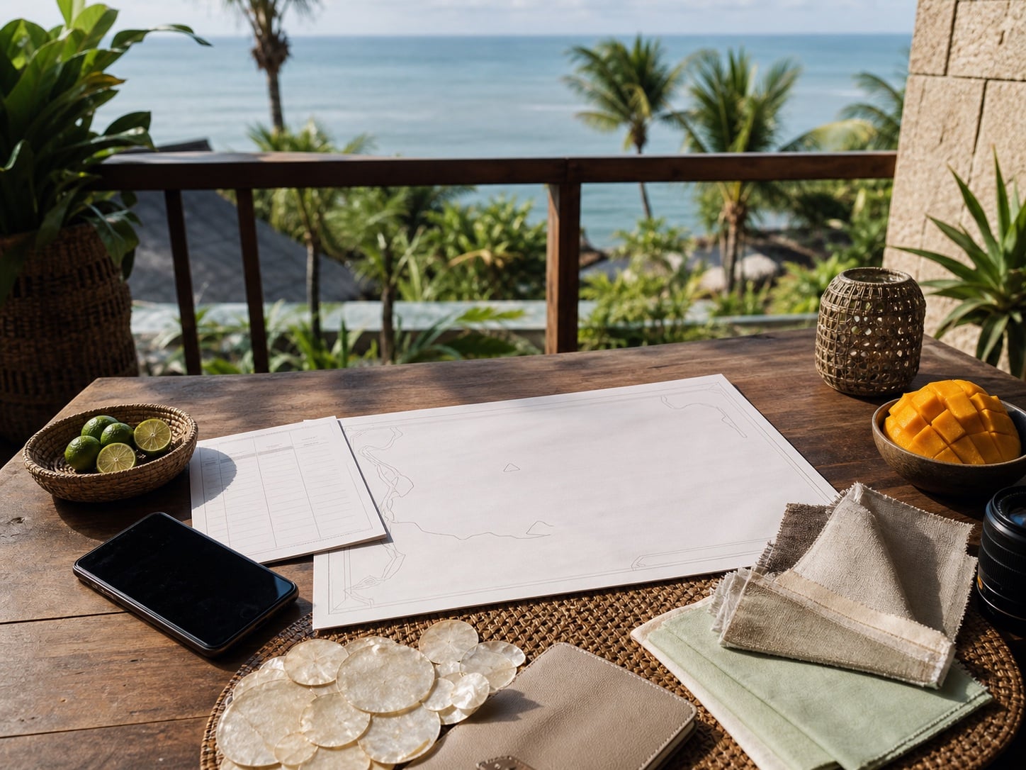 Wedding planning materials on a coastal resort table
