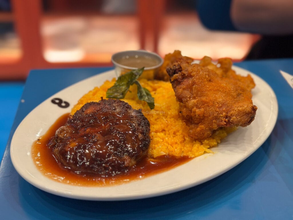 A Daily Steal plate at 8Cuts SM City Cebu with a glazed burger patty, house rice and fried chicken