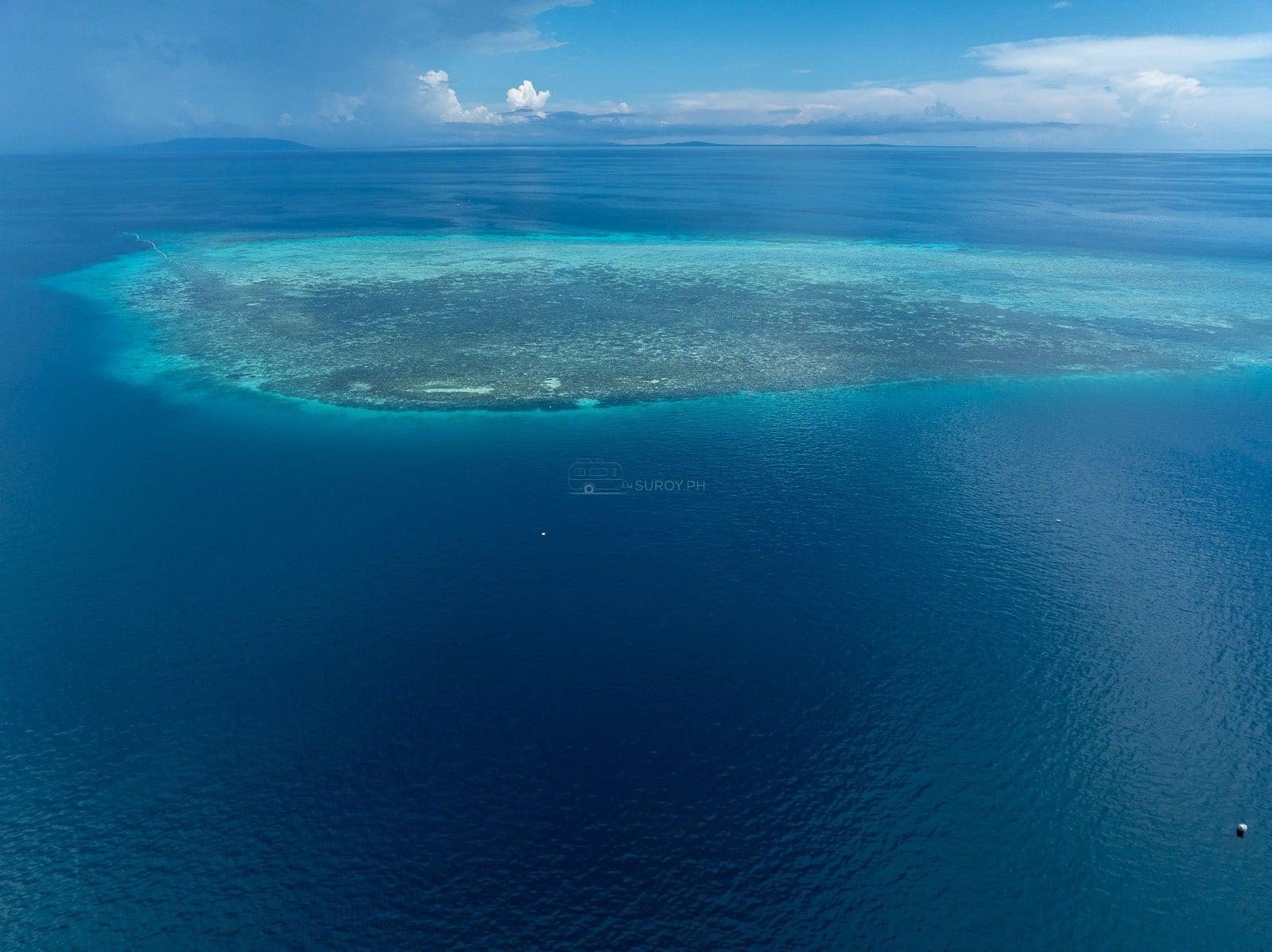 Aerial view of a wide pale submerged reef platform off the coast of Alcoy, Cebu, surrounded by deep blue water with Bohol on the horizon
