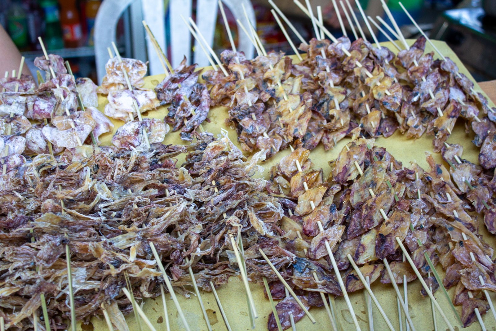 Street-food skewers arranged at a Baguio food stall