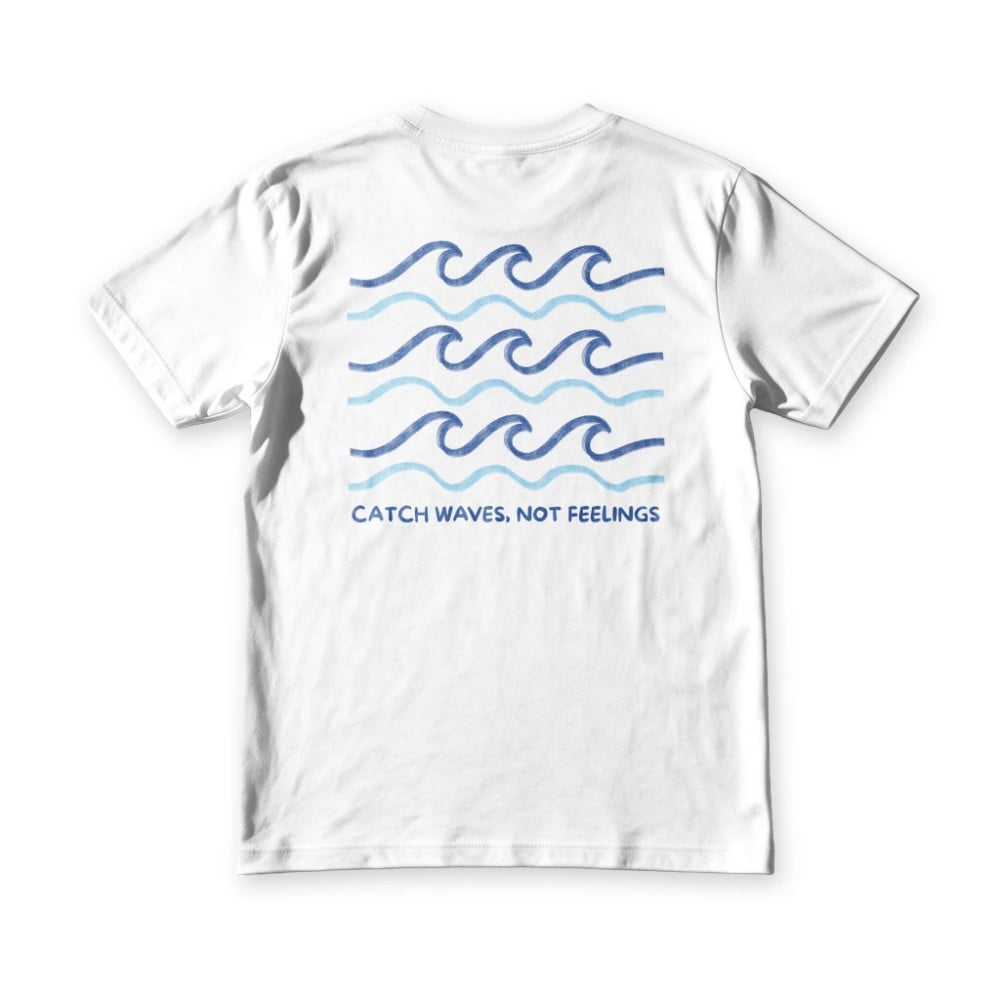 Suroy Wear Catch Waves tee in white, back view, stacked blue waves above the words catch waves, not feelings