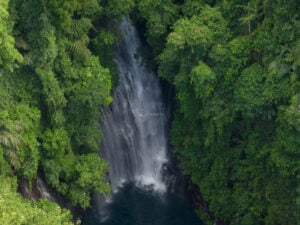 Aerial view of Tinago Falls in Iligan City, a wide veil of water dropping through jungle into a deep turquoise basin