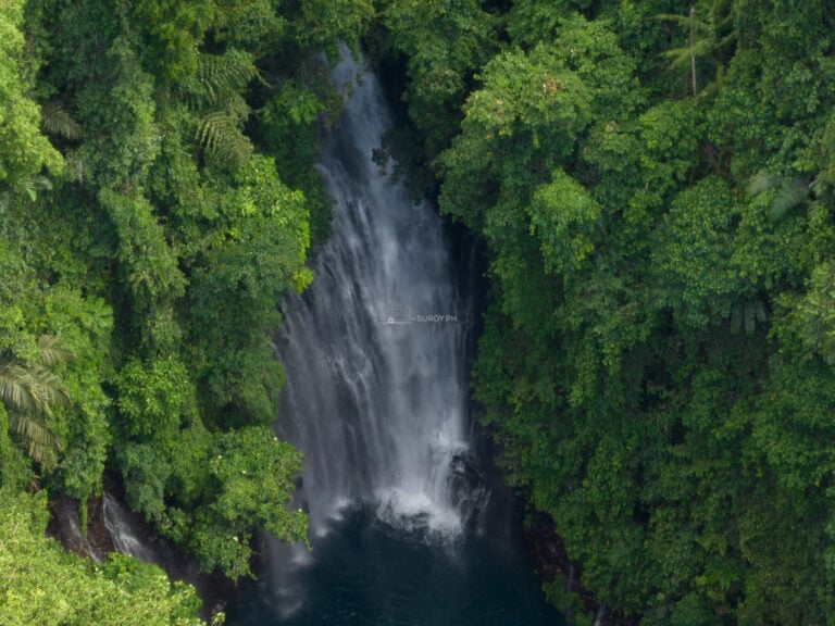 Aerial view of Tinago Falls in Iligan City, a wide veil of water dropping through jungle into a deep turquoise basin