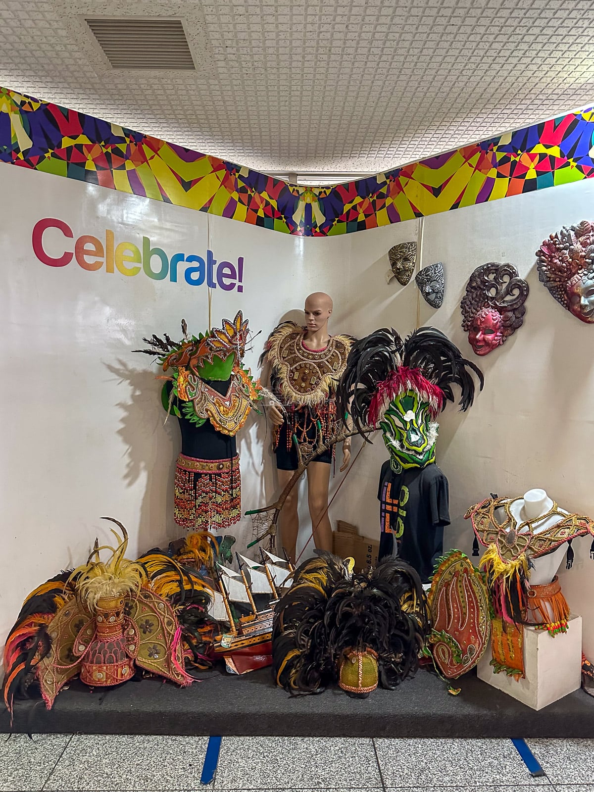 Dinagyang Festival costumes and masks displayed inside Iloilo International Airport