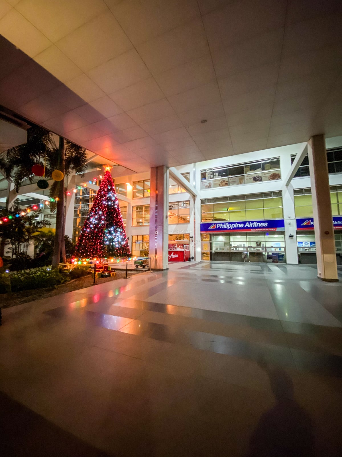 Philippine Airlines check-in area with a Christmas tree at Iloilo Airport