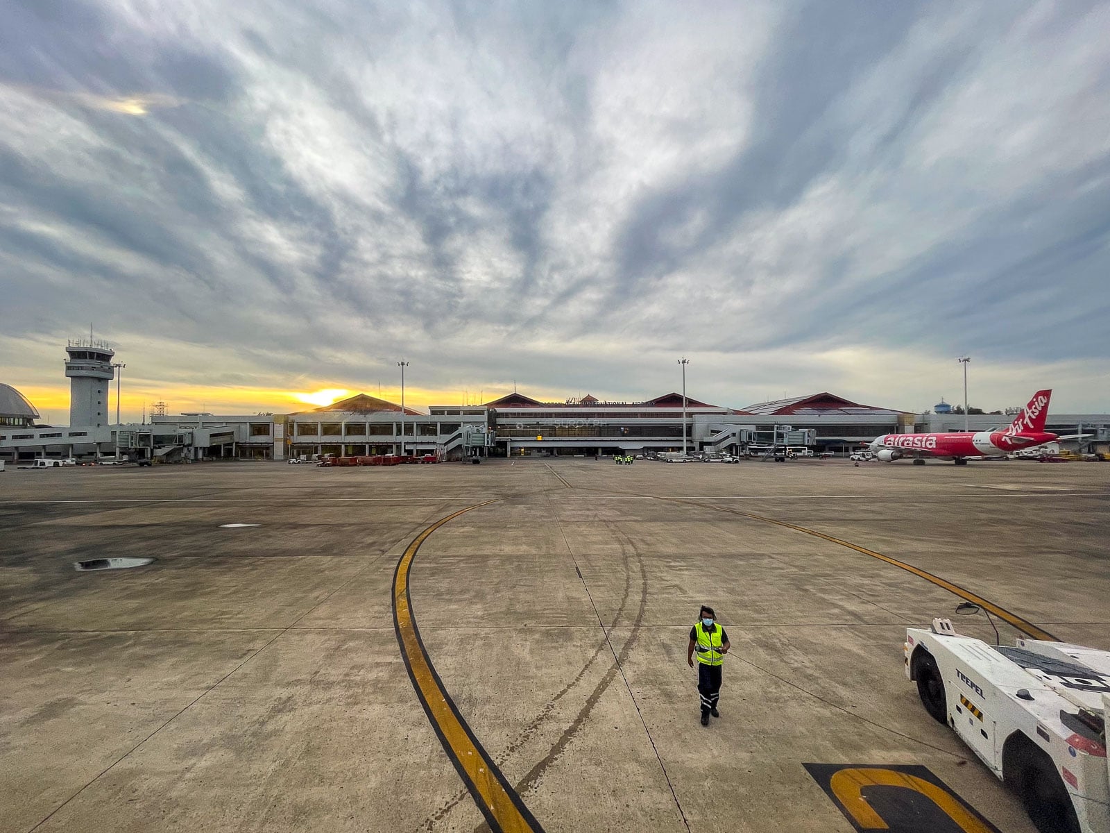 Aircraft and terminal at sunset at Mactan-Cebu International Airport