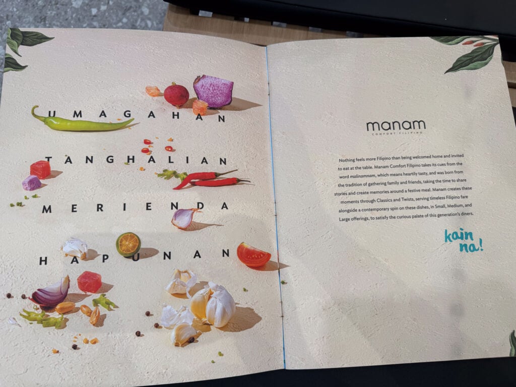The opening page of the Manam menu explaining that the name comes from malinamnam, meaning heartily tasty, signed off with kain na