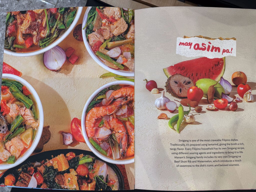 The Manam menu page headed may asim pa, showing the sinigang range with prawns, greens and tomatoes