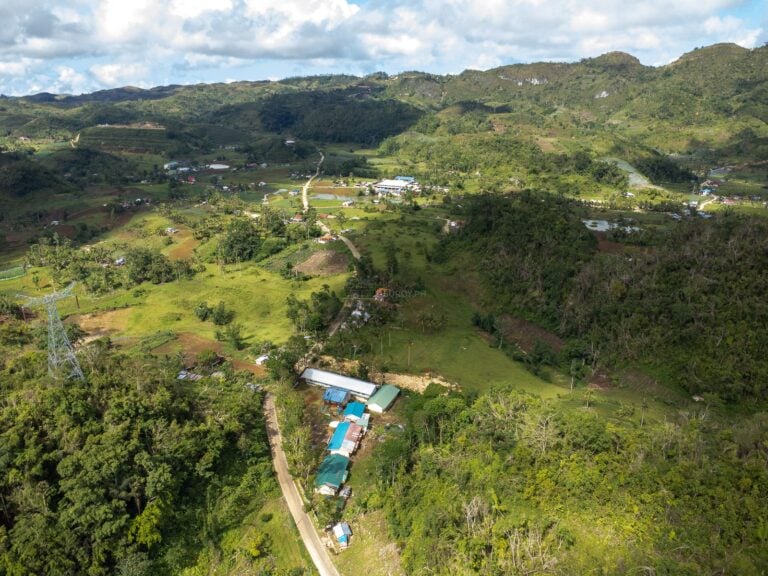 Aerial view of barangay Nug-as in Alcoy, southern Cebu, showing the dark green forest patch surrounded by terraced farmland and scattered houses