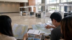 Filipino travelers comparing printed island itineraries on a table before a travel expo