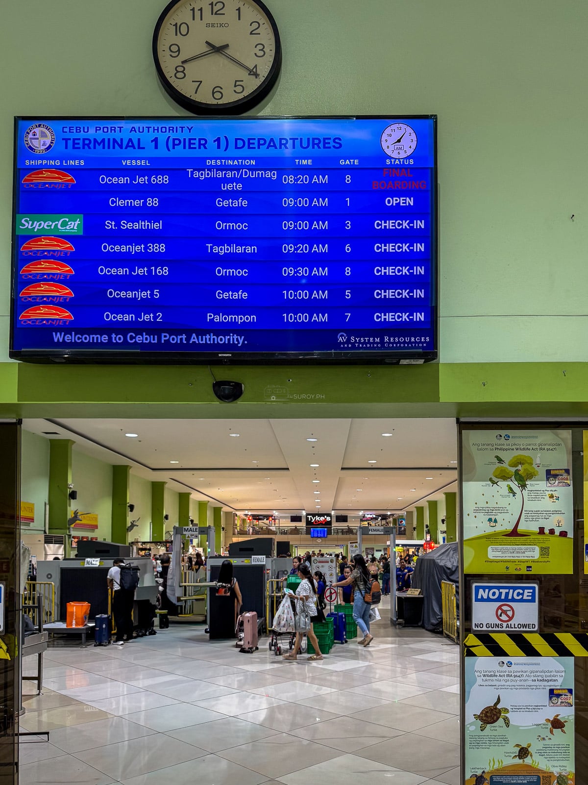 Departure board inside Cebu Port Passenger Terminal 1