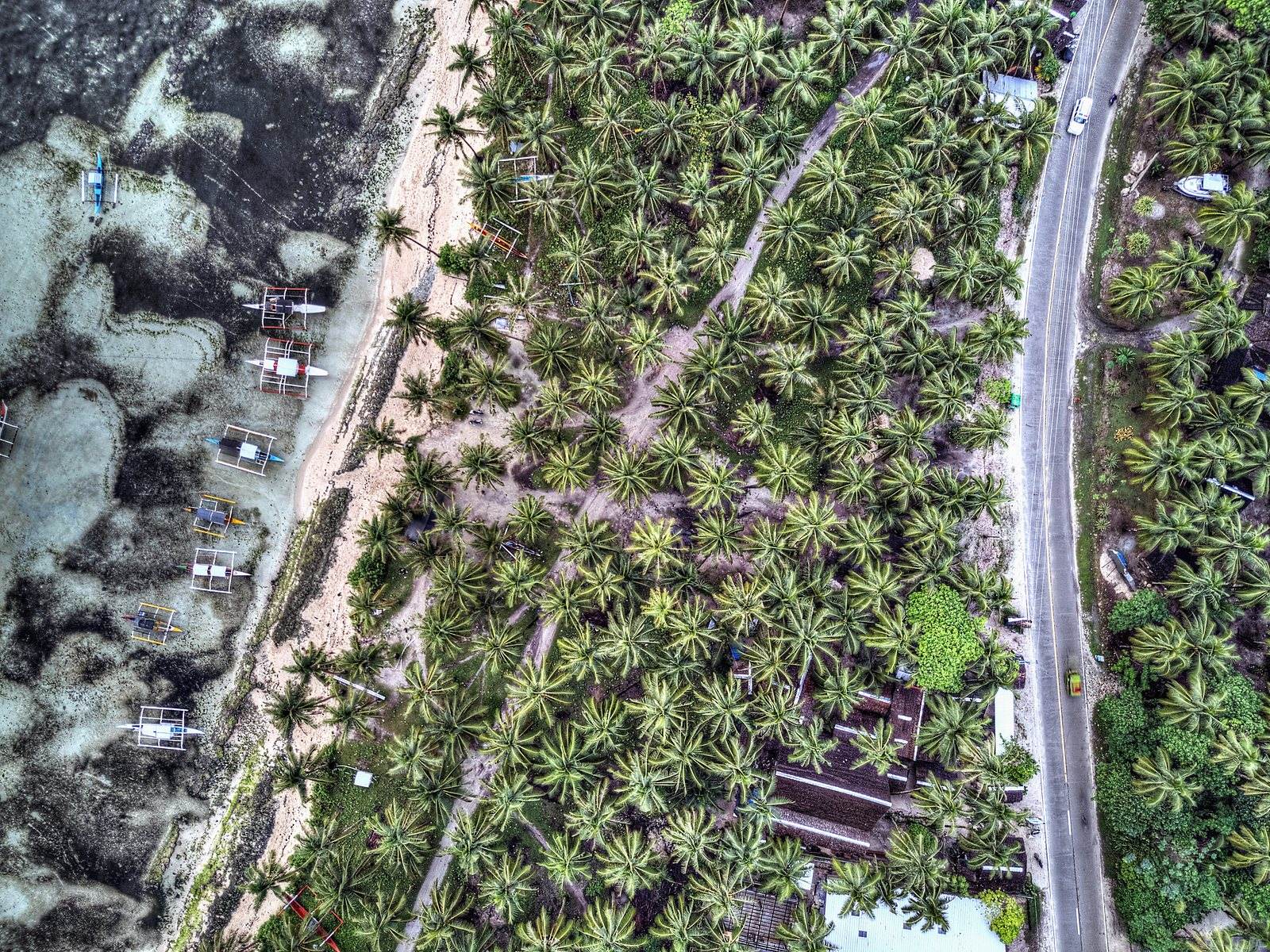 Outrigger bancas on the shallows along the Siargao shoreline, shot from above in January 2018