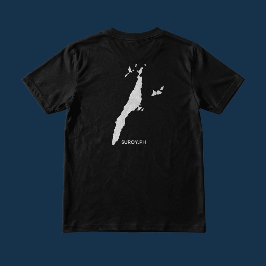 Suroy Wear Cebu Coordinates tee in black on a deep navy background, back view, white Cebu island silhouette above a small wordmark
