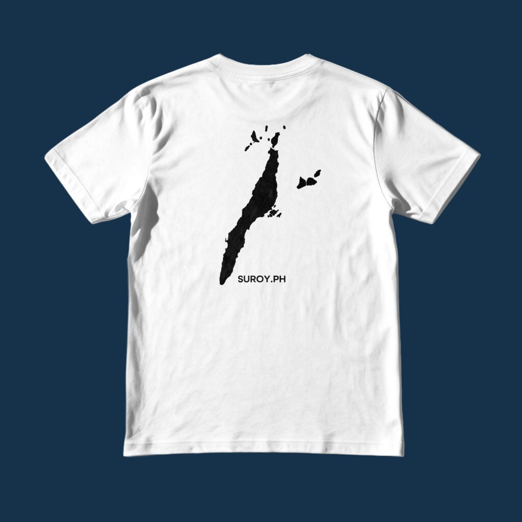 Suroy Wear Cebu Coordinates Tee in white on a deep navy background, back view, black Cebu island silhouette with its outlying isles above the Suroy.ph wordmark
