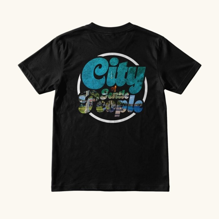 Suroy Wear Dumaguete tee in black, back view, City of Gentle People in retro script filled with a seafront promenade