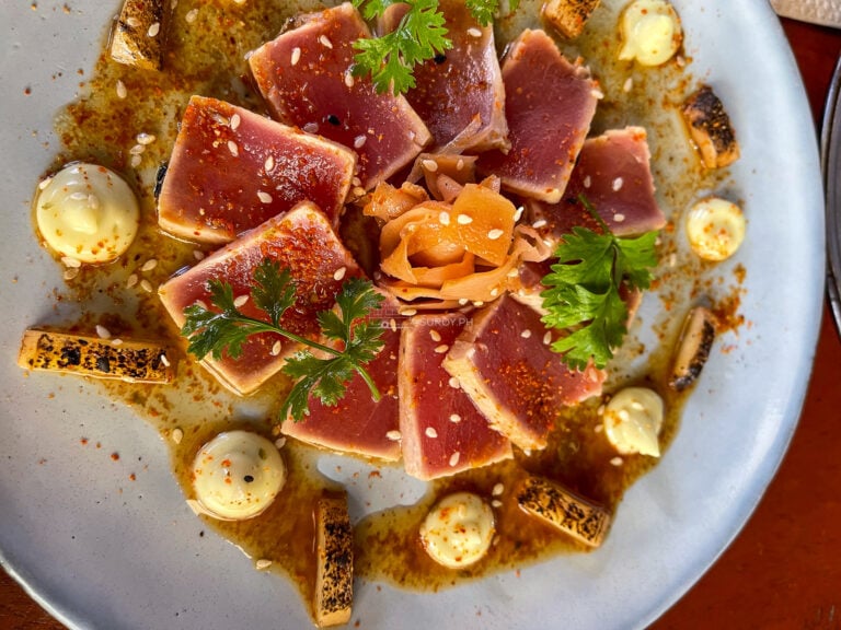 Yellowfin tuna sliced thin and arranged in a wheel with pickled ginger and pale sauce at Tales and Feelings Cebu