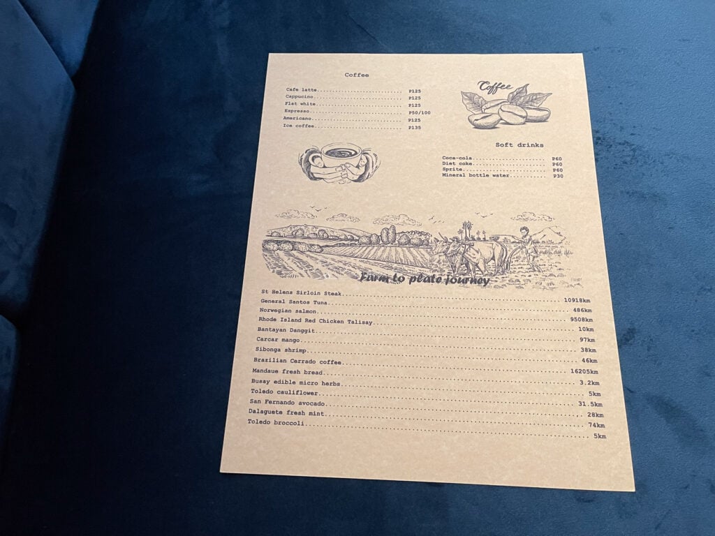 The farm to plate journey page of the Tales and Feelings Cebu menu listing ingredients beside the Cebu towns they come from