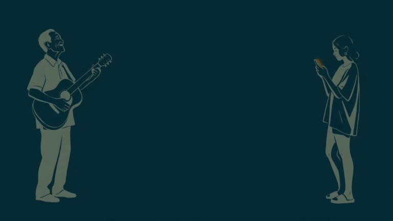 Illustration of a lolo holding a guitar on one side and a young woman looking at her phone on the other, two eras of Filipino courtship