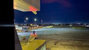Aircraft and runway lights at Mactan-Cebu International Airport at night