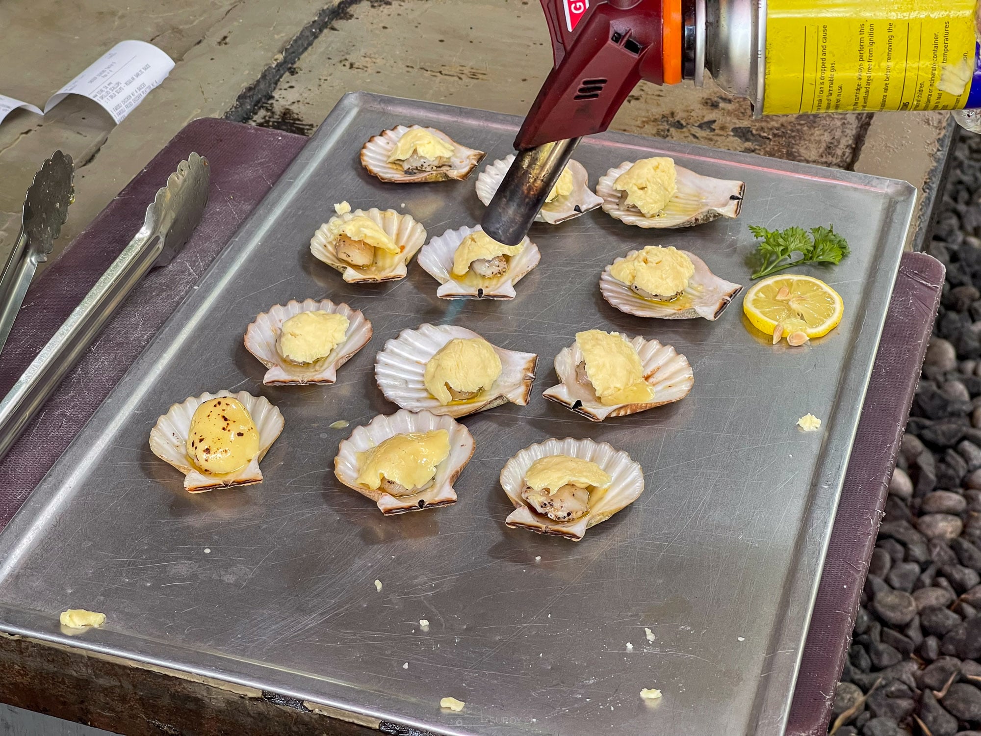 Twelve cheesy charcoal grilled scallops in the shell on a steel tray at Balai with a charred lemon half