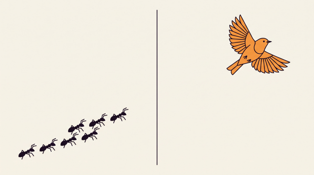 A flat illustration split by a vertical line, a file of black ants walking on the left side and a single orange bird in flight on the right.