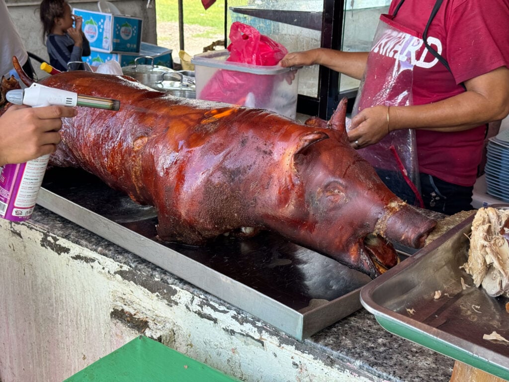 A vendor in Carcar running the flame of an LPG hand torch along the skin of a whole roast lechon