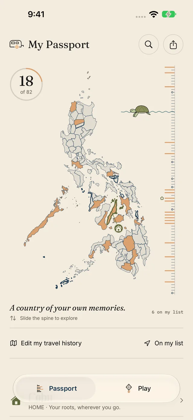 The Suroy Passport on iPhone: the map with 18 of 82 provinces Been, the Spine down the right edge and the pawikan in the sea