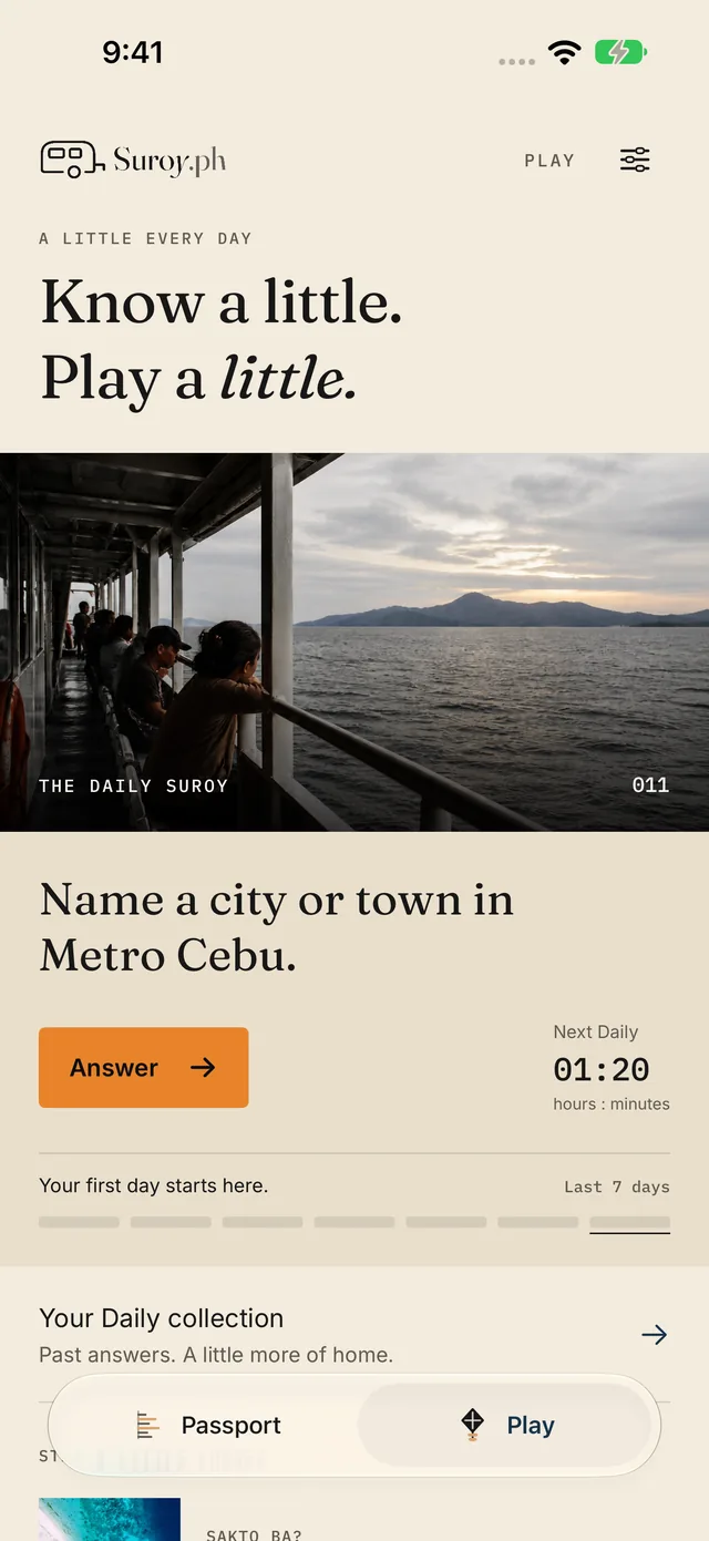 The Play tab: the Daily Suroy question and its countdown